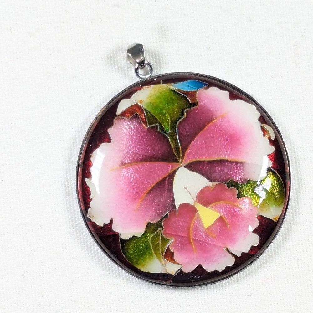 Pink flower pendant, Japanese Orchid Foil Enamel